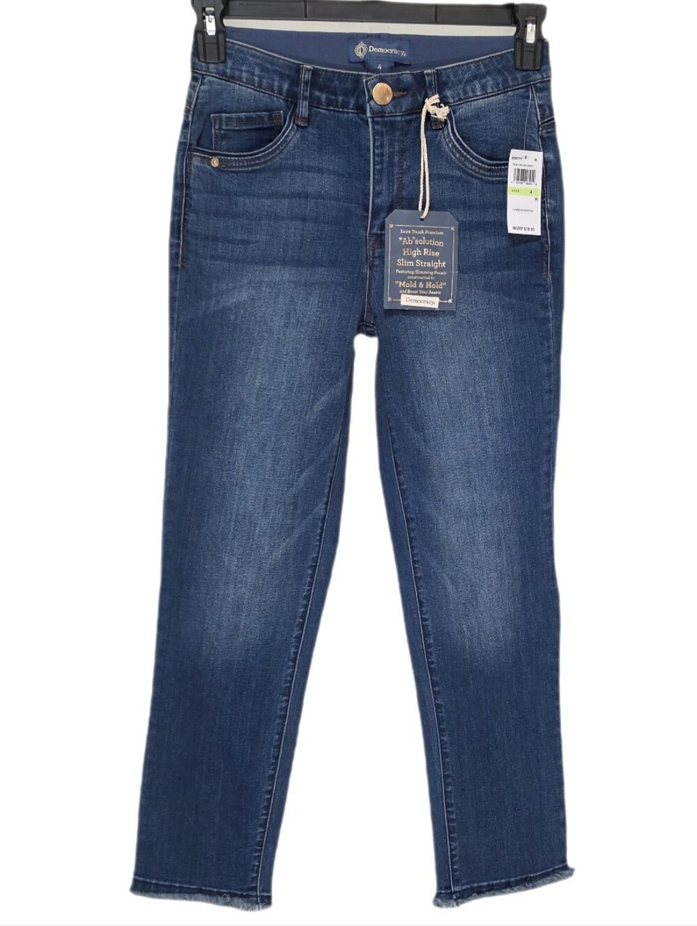 Democracy Ab Solution High Rise Slim Straight Jeans Fray Hem Embroidered Pockets